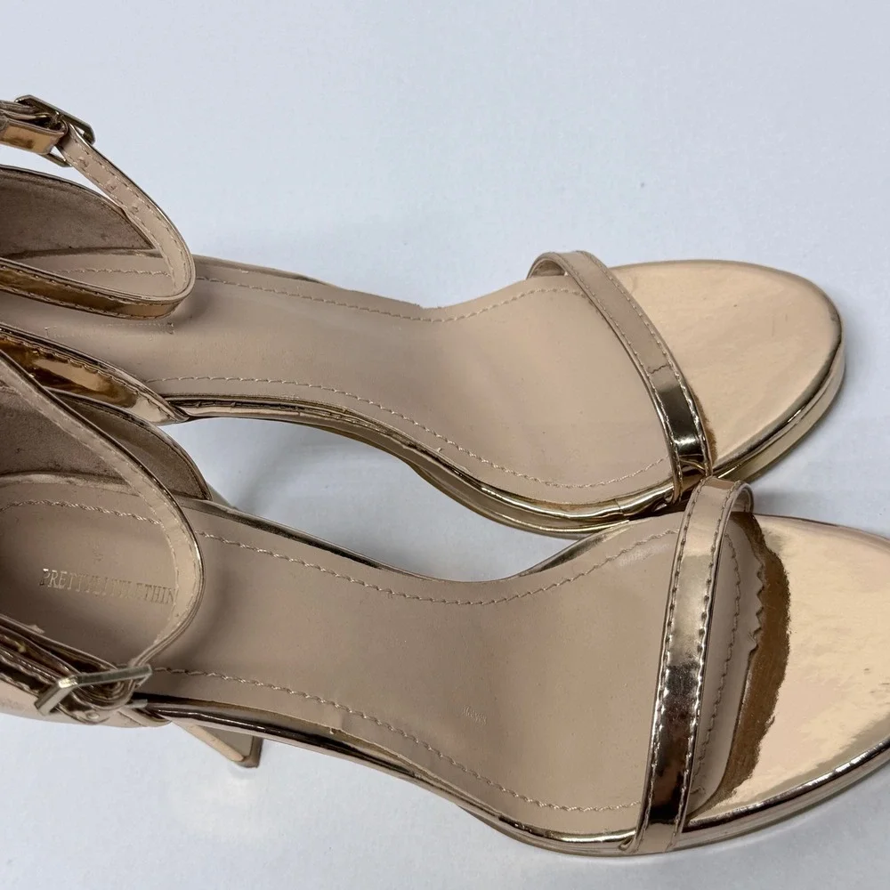 PrettyLittleThing Rose Gold Metallic Ankle Strap Stiletto Platform Sandals Sz 6
